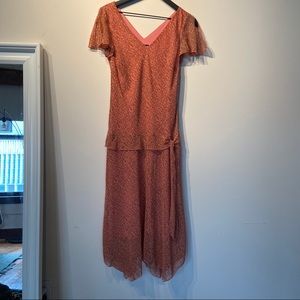 Beautiful pink brown print sheer flowy midi dress